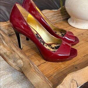 Guess Glossy Burgundy Peep-Toe Heels